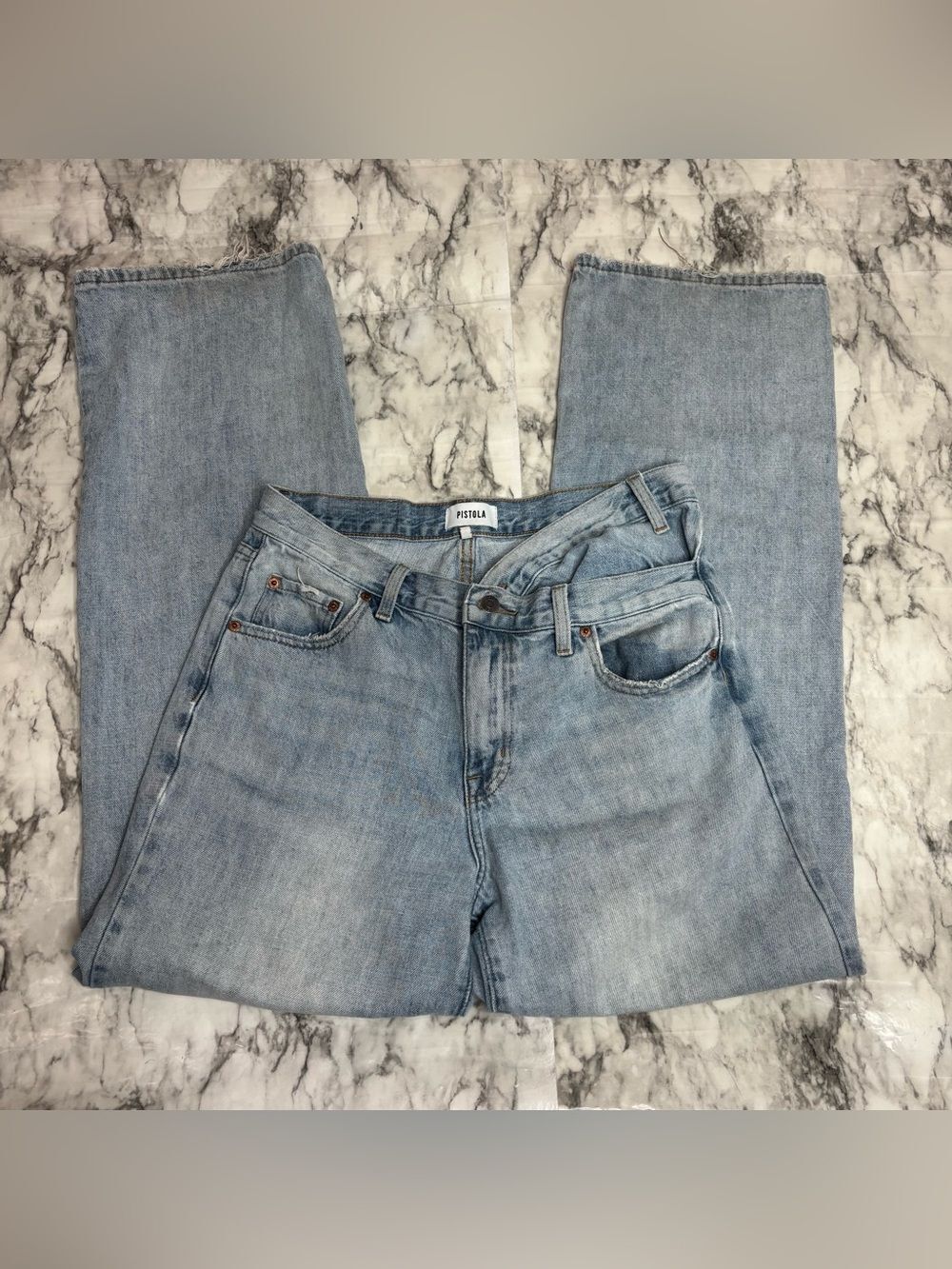 pistola Light Wash High-Rise Straight Leg Jeans Same Size 27 asymmetrical waist